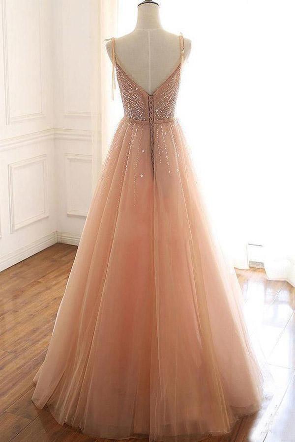 Luolandi A Line Lace Back Straps Tulle Sequins Prom Dresses Floor Length Sparkly